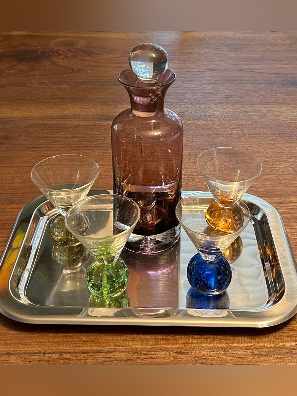 Purple Decanter W/Glass Stopper & 4 Bubble Ball  Cocktail martini Glasses *read